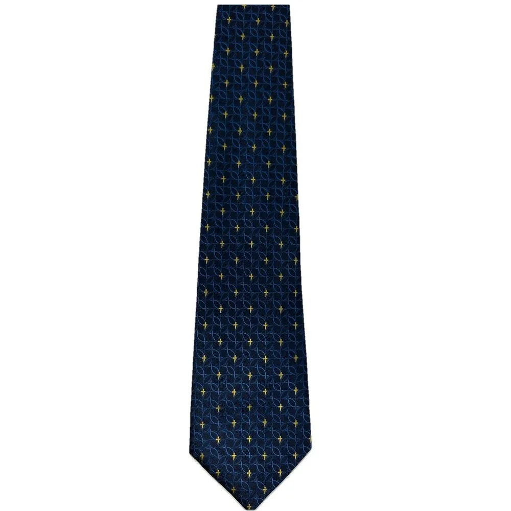 Eagle Neckwear Tie Blue Fish Gold Cross Pattern 100% Polyester  55.5